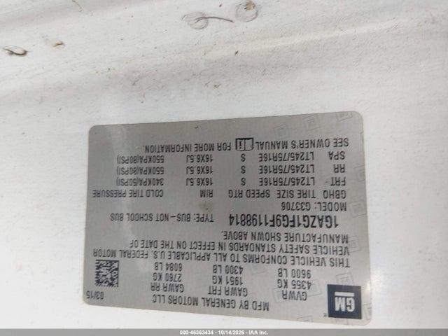 46363434 :رقم المزاد ، 1GAZG1FG9F1198814 vin ، 2015 Chevrolet Express 3500 Lt مزاد بيع