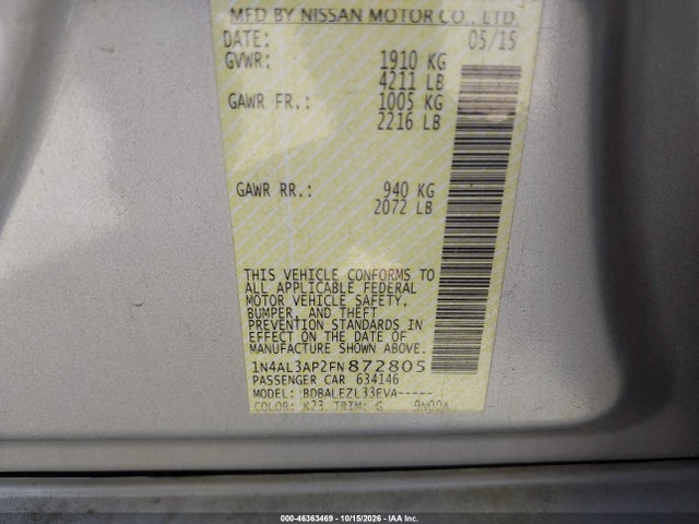 Aukcja sprzedaży 2015 Nissan Altima 2.5/2.5 S/2.5 Sl/2.5 Sv, vin: 1N4AL3AP2FN872805, numer aukcji: 46363469