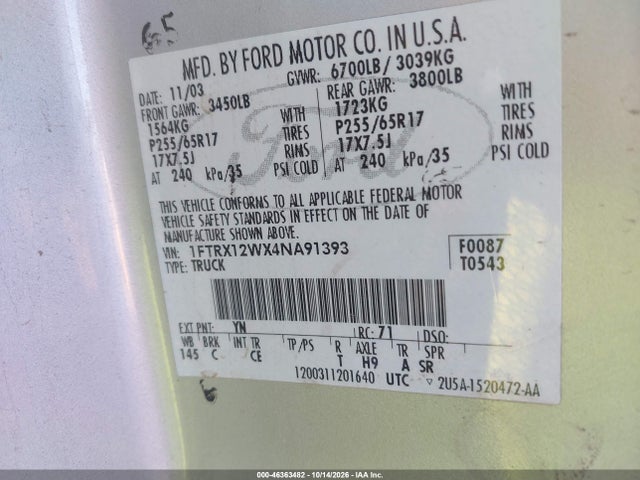 Aukcja sprzedaży 2004 Ford F-150 Stx/xl/xlt, vin: 1FTRX12WX4NA91393, numer aukcji: 46363482