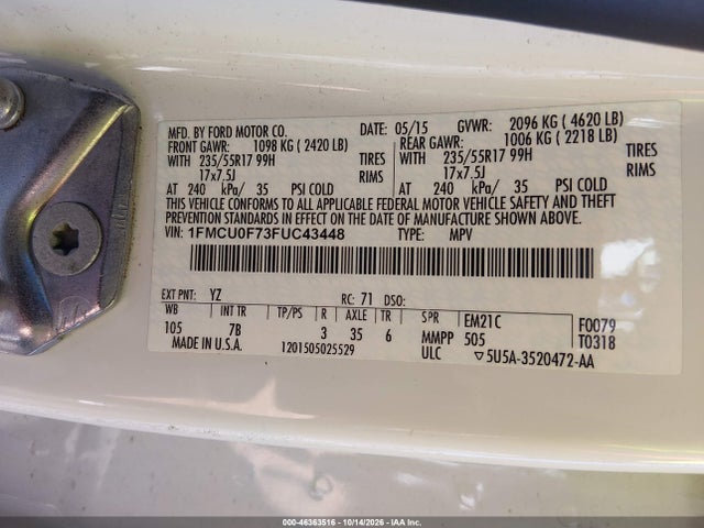 Ford ESCAPE S 2015 1FMCU0F73FUC43448 Image 9