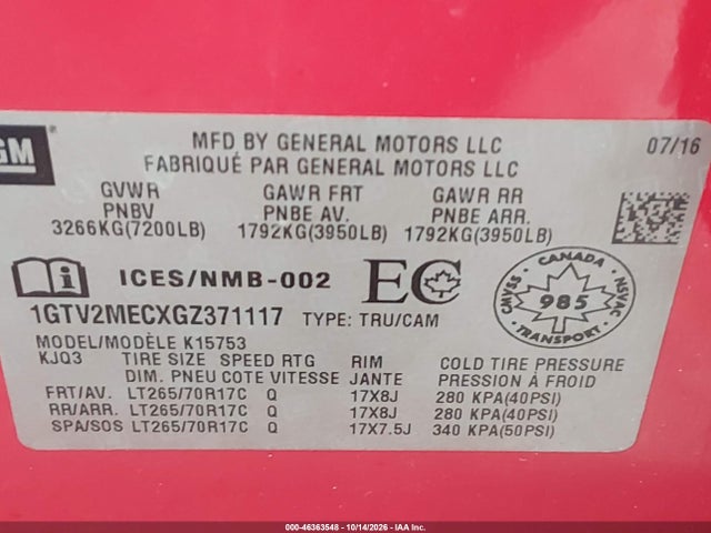 1GTV2MECXGZ371117 GMC Sierra 1500 Sle