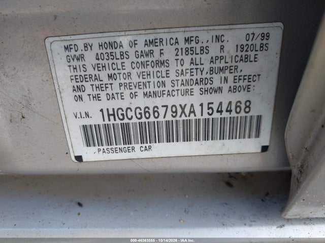 1999 Honda Accord Ex მანქანა იყიდება აუქციონზე, vin: 1HGCG6679XA154468, აუქციონის ნომერი: 46363555