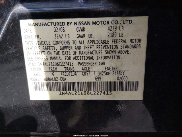 Продаж на аукціоні авто 2008 Nissan Altima 2.5 S, vin: 1N4AL21E98C227415, номер лоту: 46363581
