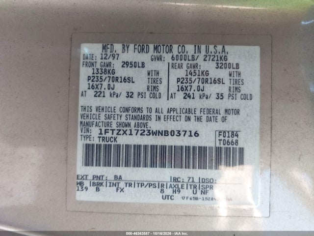 46363587 :رقم المزاد ، 1FTZX1723WNB03716 vin ، 1998 Ford F-150 Standard/xl/xlt مزاد بيع