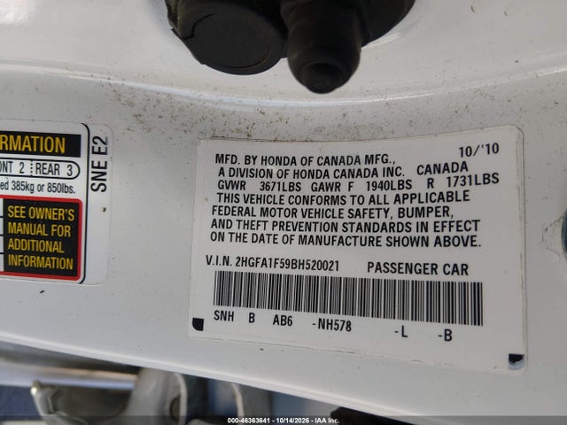 Продаж на аукціоні авто 2011 Honda Civic Lx, vin: 2HGFA1F59BH520021, номер лоту: 46363641