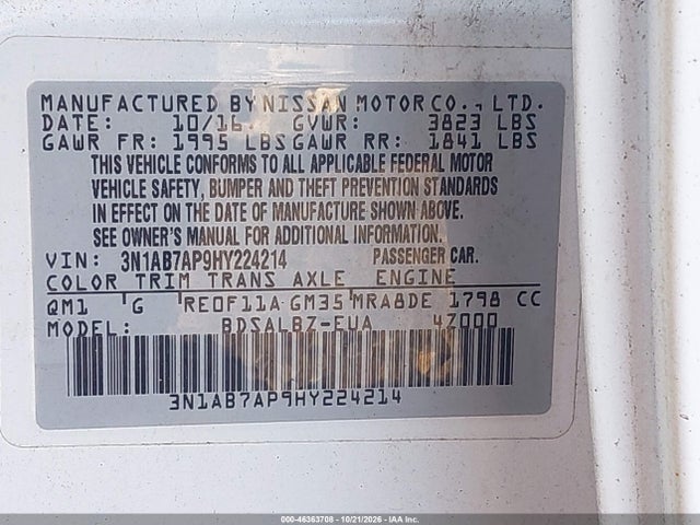 Aukcja sprzedaży 2017 Nissan Sentra S, vin: 3N1AB7AP9HY224214, numer aukcji: 46363708
