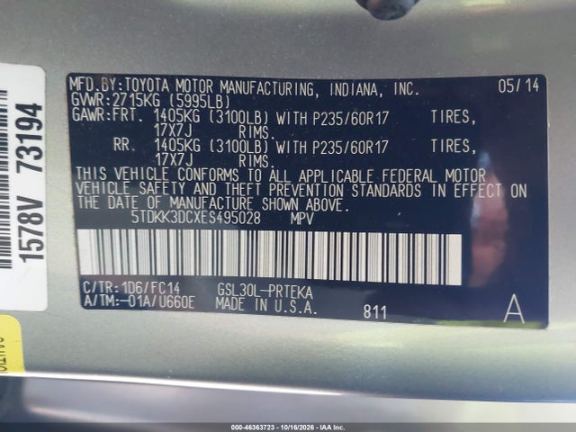 46363723 :رقم المزاد ، 5TDKK3DCXES495028 vin ، 2014 Toyota Sienna Le V6 8 Passenger مزاد بيع