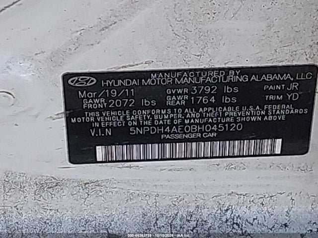Продажа на аукционе авто 2011 Hyundai Elantra Gls, vin: 5NPDH4AE0BH045120, номер лота: 46363739