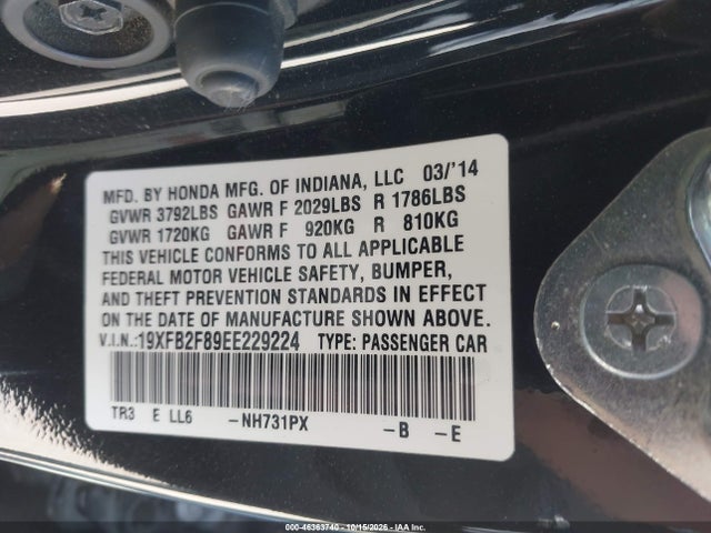 46363740 :رقم المزاد ، 19XFB2F89EE229224 vin ، 2014 Honda Civic Ex مزاد بيع