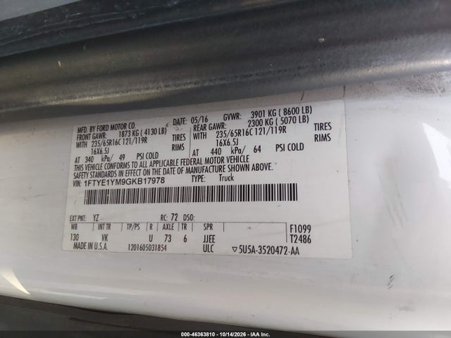 Продажа на аукционе авто 2016 Ford Transit-150, vin: 1FTYE1YM9GKB17978, номер лота: 46363810