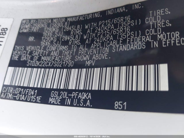 Aukcja sprzedaży 2007 Toyota Sienna Xle, vin: 5TDZK22CX7S021790, numer aukcji: 46363812