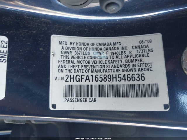 Продажа на аукционе авто 2009 Honda Civic Lx, vin: 2HGFA16589H546636, номер лота: 46363817