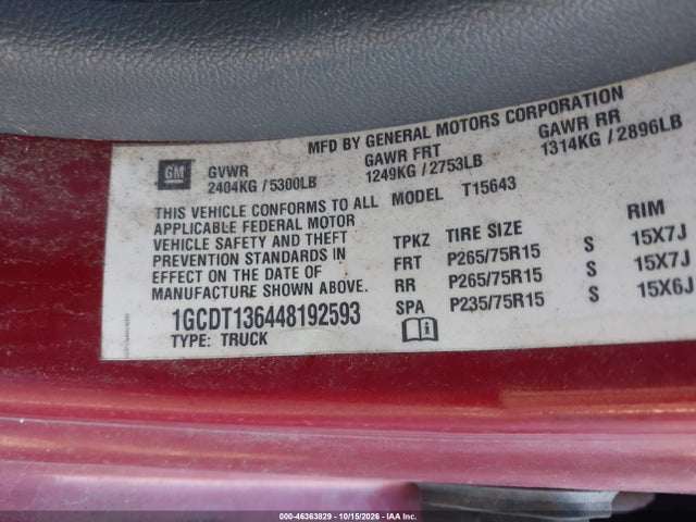 Aukcja sprzedaży 2004 Chevrolet Colorado Ls, vin: 1GCDT136448192593, numer aukcji: 46363829