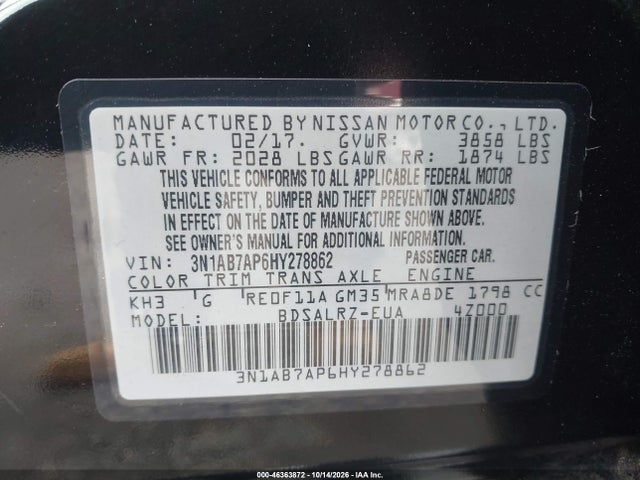 Продаж на аукціоні авто 2017 Nissan Sentra Sr, vin: 3N1AB7AP6HY278862, номер лоту: 46363872