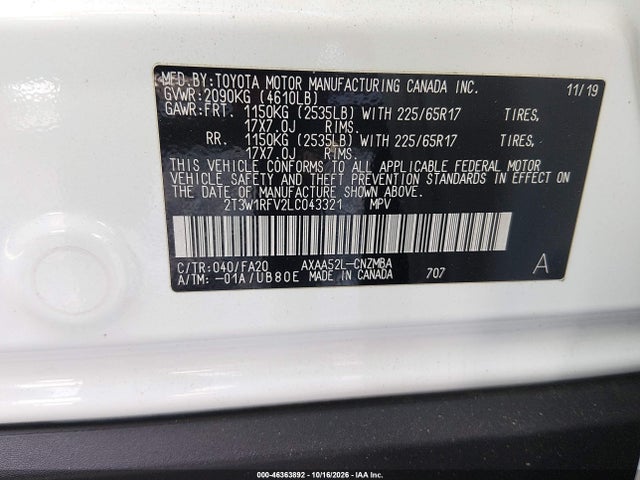 46363892 :رقم المزاد ، 2T3W1RFV2LC043321 vin ، 2020 Toyota Rav4 Xle مزاد بيع