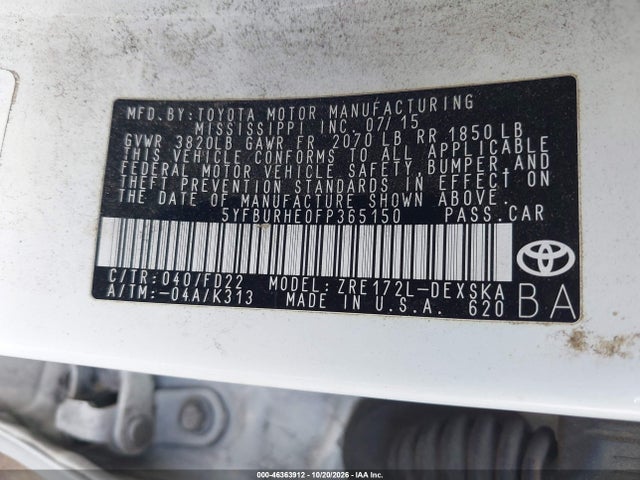 Продажа на аукционе авто 2015 Toyota Corolla S Plus, vin: 5YFBURHE0FP365150, номер лота: 46363912