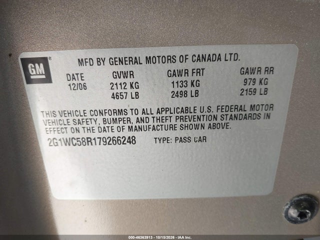 Aukcja sprzedaży 2007 Chevrolet Impala Lt, vin: 2G1WC58R179266248, numer aukcji: 46363913