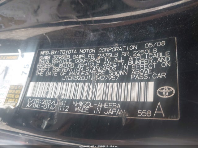 Продаж на аукціоні авто 2008 Toyota Prius, vin: JTDKB20U183427957, номер лоту: 46363917