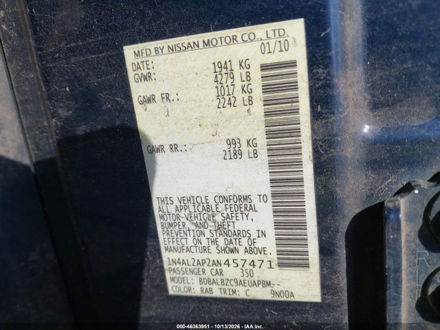 46363951 :رقم المزاد ، 1N4AL2AP2AN457471 vin ، 2010 Nissan Altima 2.5 S مزاد بيع