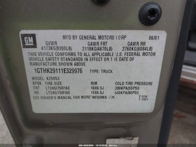 46363969 :رقم المزاد ، 1GTHK29111E329976 vin ، 2001 Gmc Sierra 2500hd Sle مزاد بيع
