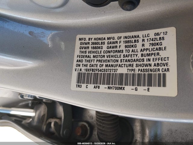 Aukcja sprzedaży 2012 Honda Civic Lx, vin: 19XFB2F54CE072737, numer aukcji: 46364013