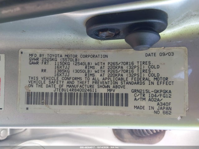 46364017 :رقم المزاد ، JTEBU14R840024611 vin ، 2004 Toyota 4runner Sr5 V6 مزاد بيع