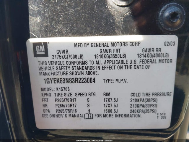 Продаж на аукціоні авто 2003 Cadillac Escalade Standard, vin: 1GYEK63N83R223004, номер лоту: 46364022