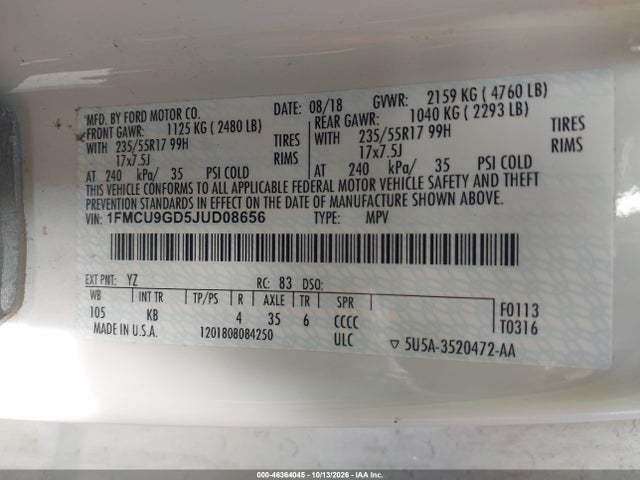 Aukcja sprzedaży 2018 Ford Escape Se, vin: 1FMCU9GD5JUD08656, numer aukcji: 46364045