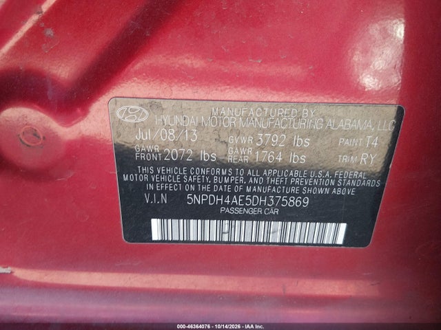 46364076 :رقم المزاد ، 5NPDH4AE5DH375869 vin ، 2013 Hyundai Elantra Limited مزاد بيع