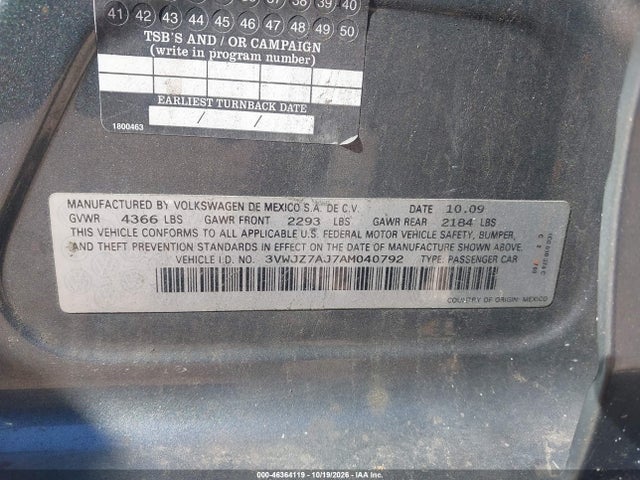 Продажа на аукционе авто 2010 Volkswagen Jetta S, vin: 3VWJZ7AJ7AM040792, номер лота: 46364119