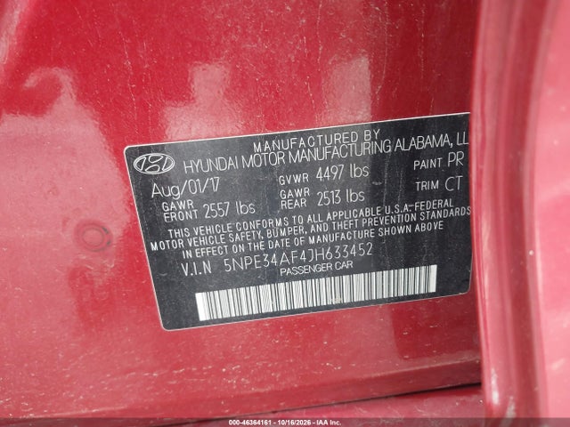 Aukcja sprzedaży 2018 Hyundai Sonata Sport, vin: 5NPE34AF4JH633452, numer aukcji: 46364161