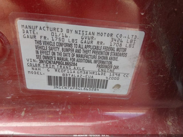 46364196 :رقم المزاد ، 3N1CN7AP8GL865284 vin ، 2016 Nissan Versa 1.6 S+ مزاد بيع