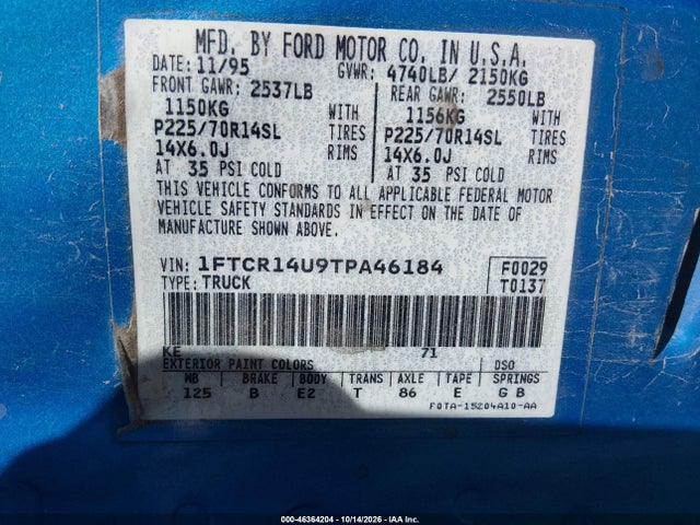 Продажа на аукционе авто 1996 Ford Ranger Super Cab, vin: 1FTCR14U9TPA46184, номер лота: 46364204