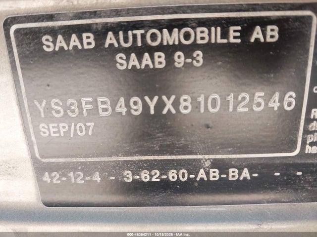 46364211 :رقم المزاد ، YS3FB49YX81012546 vin ، 2008 Saab 9-3 2.0t مزاد بيع