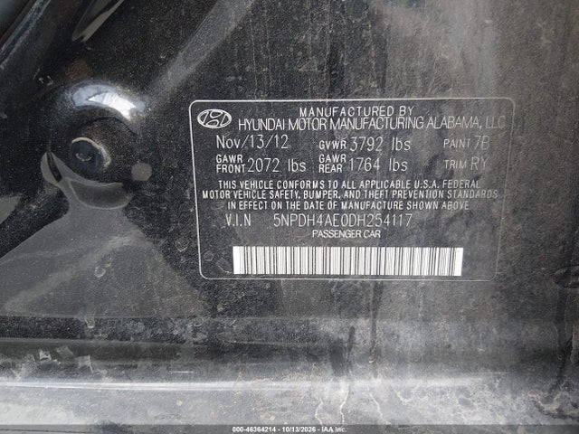 46364214 :رقم المزاد ، 5NPDH4AE0DH254117 vin ، 2013 Hyundai Elantra Limited مزاد بيع