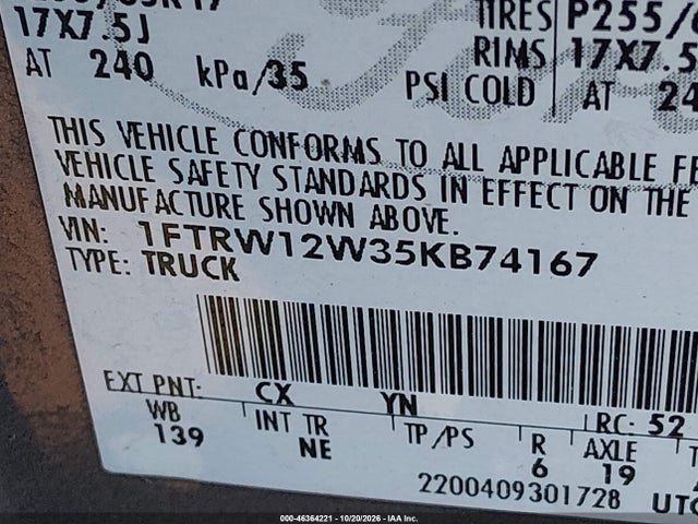Aukcja sprzedaży 2005 Ford F-150 Xlt, vin: 1FTRW12W35KB74167, numer aukcji: 46364221