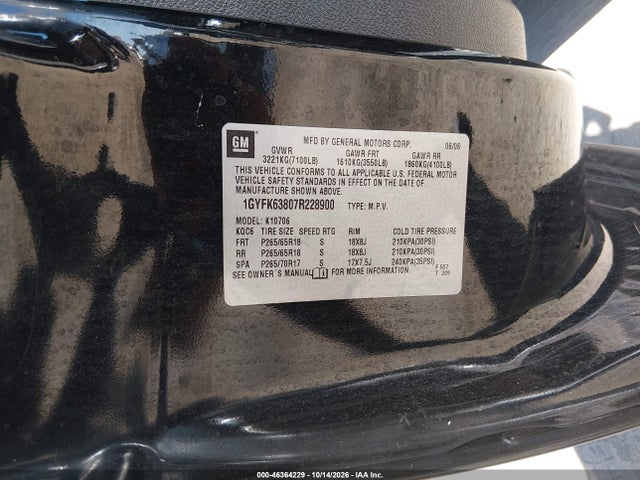 46364229 :رقم المزاد ، 1GYFK63807R228900 vin ، 2007 Cadillac Escalade Standard مزاد بيع