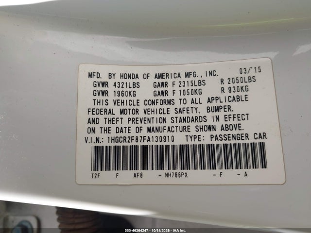 2015 Honda Accord Ex-l მანქანა იყიდება აუქციონზე, vin: 1HGCR2F87FA130910, აუქციონის ნომერი: 46364247