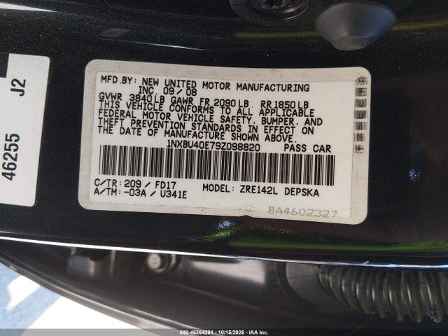 Aukcja sprzedaży 2009 Toyota Corolla S, vin: 1NXBU40E79Z098820, numer aukcji: 46364281