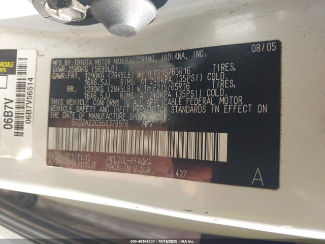 2005 Toyota Sienna Xle მანქანა იყიდება აუქციონზე, vin: 5TDZA22C55S379976, აუქციონის ნომერი: 46364337