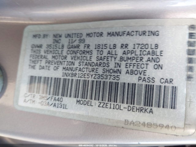 Aukcja sprzedaży 2000 Toyota Corolla Ve, vin: 1NXBR12E5YZ353735, numer aukcji: 46364382