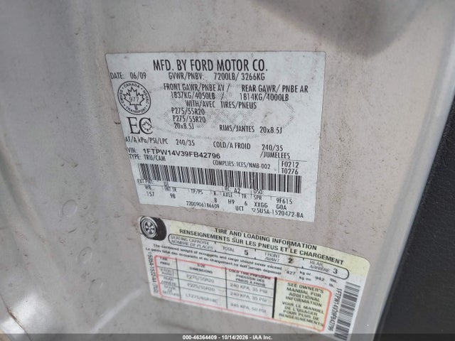 46364409 :رقم المزاد ، 1FTPW14V39FB42796 vin ، 2009 Ford F-150 Platinum مزاد بيع