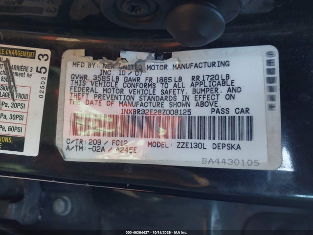 Auction sale of the 2008 Toyota Corolla S, vin: 1NXBR32E28Z008125, lot number: 46364437