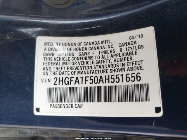 Продажа на аукционе авто 2010 Honda Civic Lx, vin: 2HGFA1F50AH551656, номер лота: 46364442