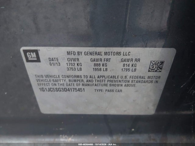 46364466 :رقم المزاد ، 1G1JC5SG3D4175451 vin ، 2013 Chevrolet Sonic Lt Auto مزاد بيع