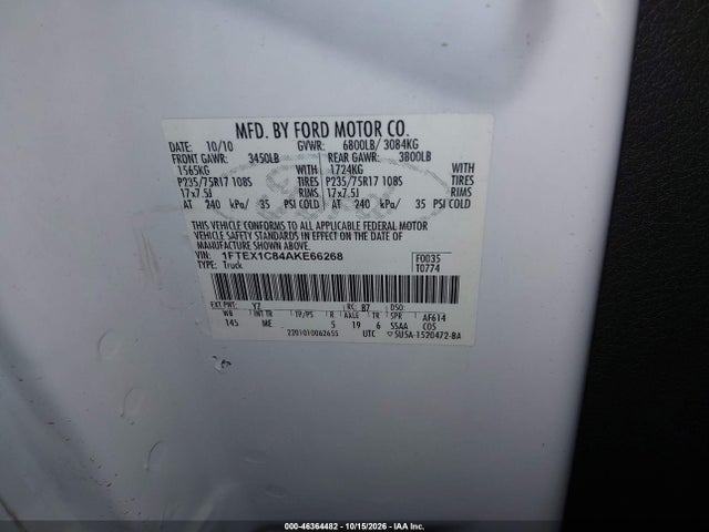Aukcja sprzedaży 2010 Ford F-150 Fx2 Sport/stx/xl/xlt, vin: 1FTEX1C84AKE66268, numer aukcji: 46364482
