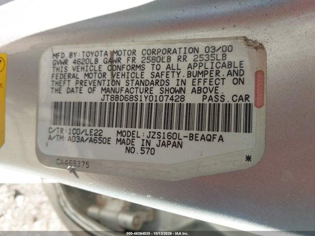 Aukcja sprzedaży 2000 Lexus Gs 300, vin: JT8BD68S1Y0107428, numer aukcji: 46364535