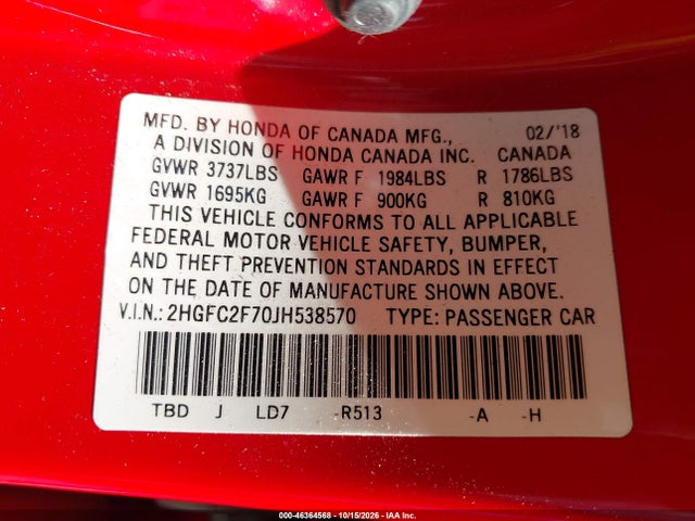Aukcja sprzedaży 2018 Honda Civic Ex, vin: 2HGFC2F70JH538570, numer aukcji: 46364568