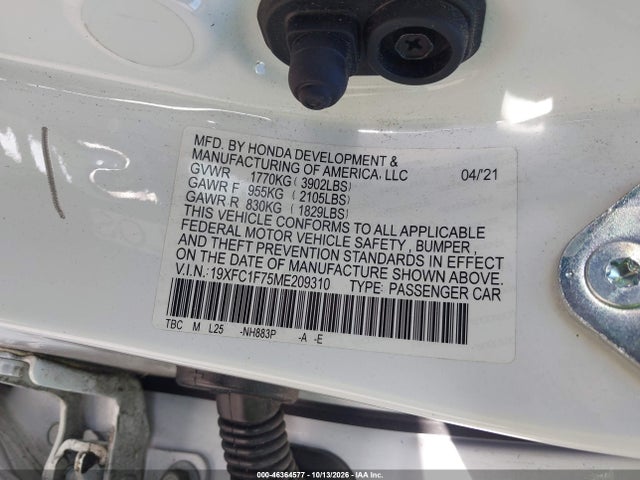 Продажа на аукционе авто 2021 Honda Civic Ex-l, vin: 19XFC1F75ME209310, номер лота: 46364577