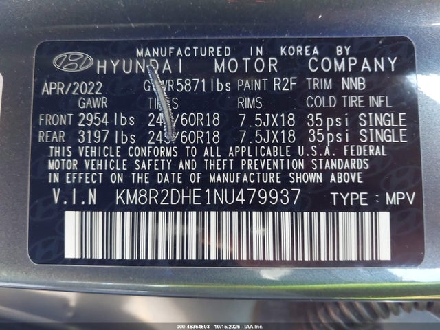 46364603 :رقم المزاد ، KM8R2DHE1NU479937 vin ، 2022 Hyundai Palisade Sel مزاد بيع